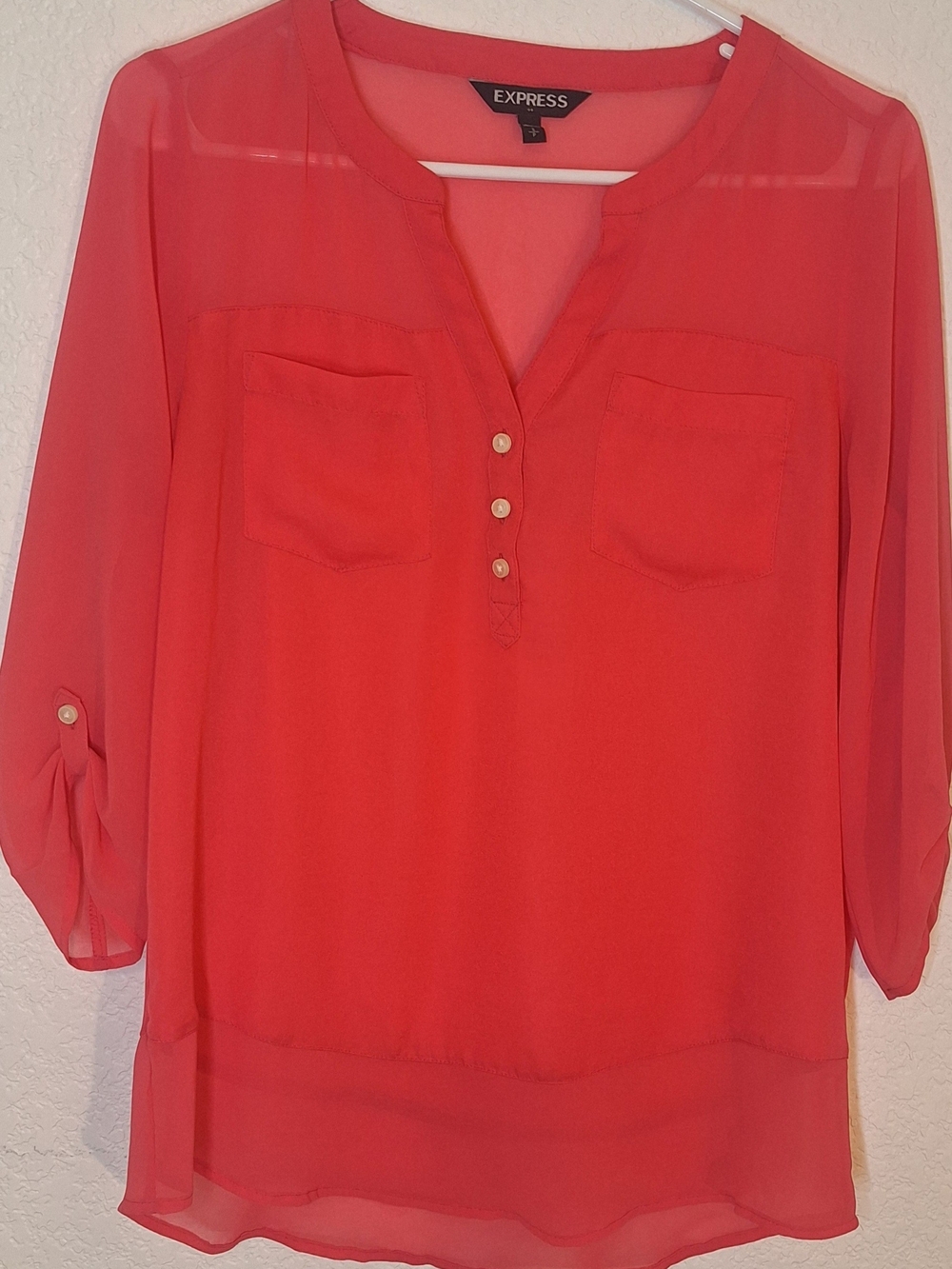Express Vibrant Coral Split Neck Roll-Tab Chiffon Top